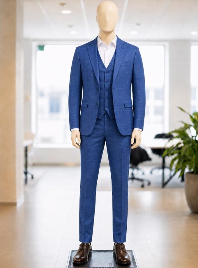 Kashmir Blue Checked 3 Piece Suit Picture From Front