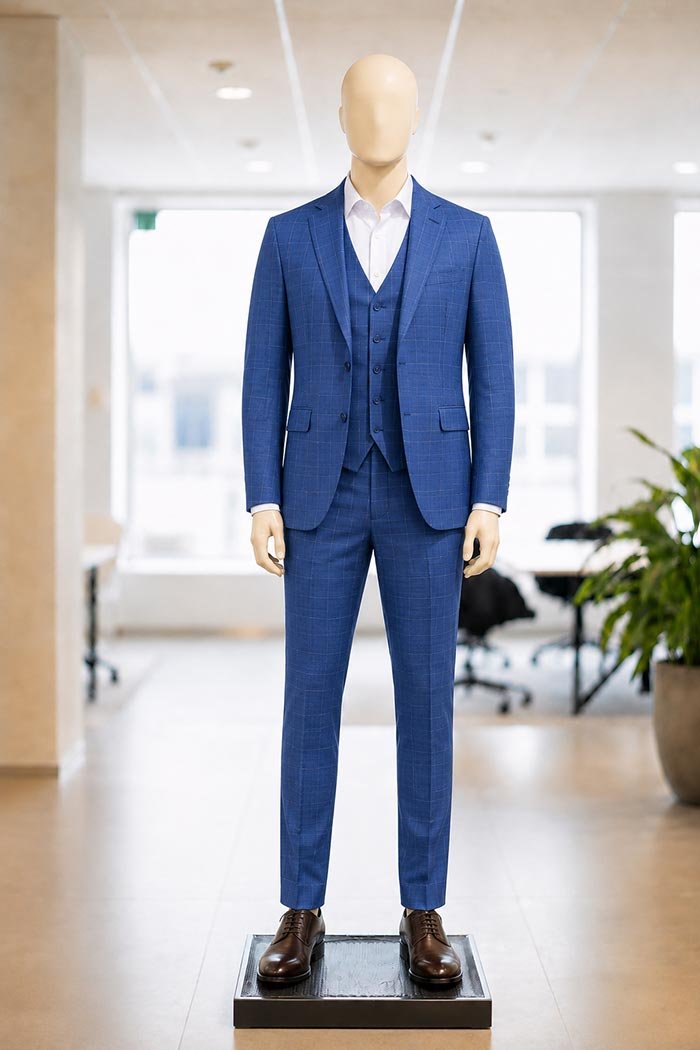Kashmir Blue Checked 3 Piece Suit Picture From Front
