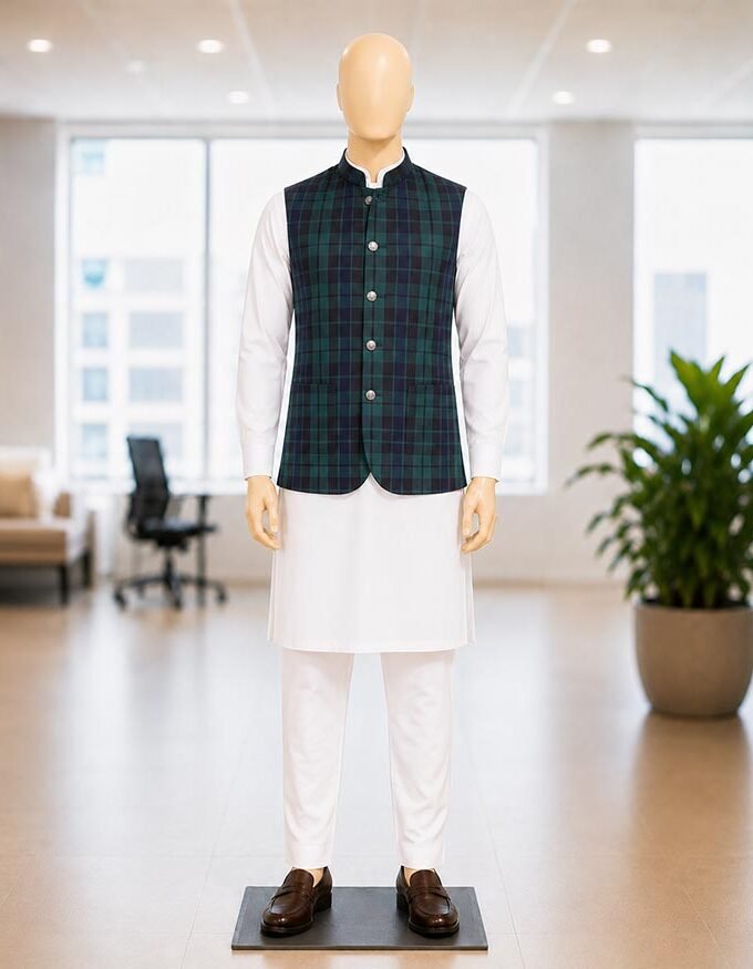 Green Black Check Waist Coat Picture From Front