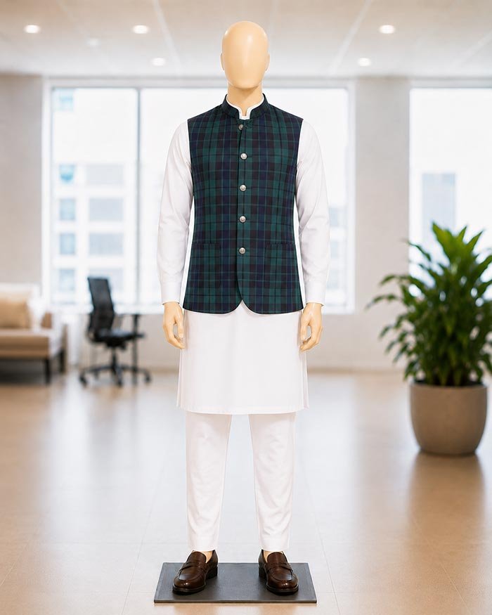 Green Black Check Waist Coat Picture From Front