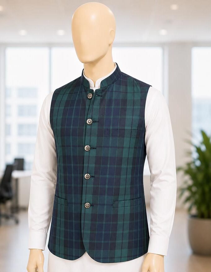 Green Black Check Waist Coat