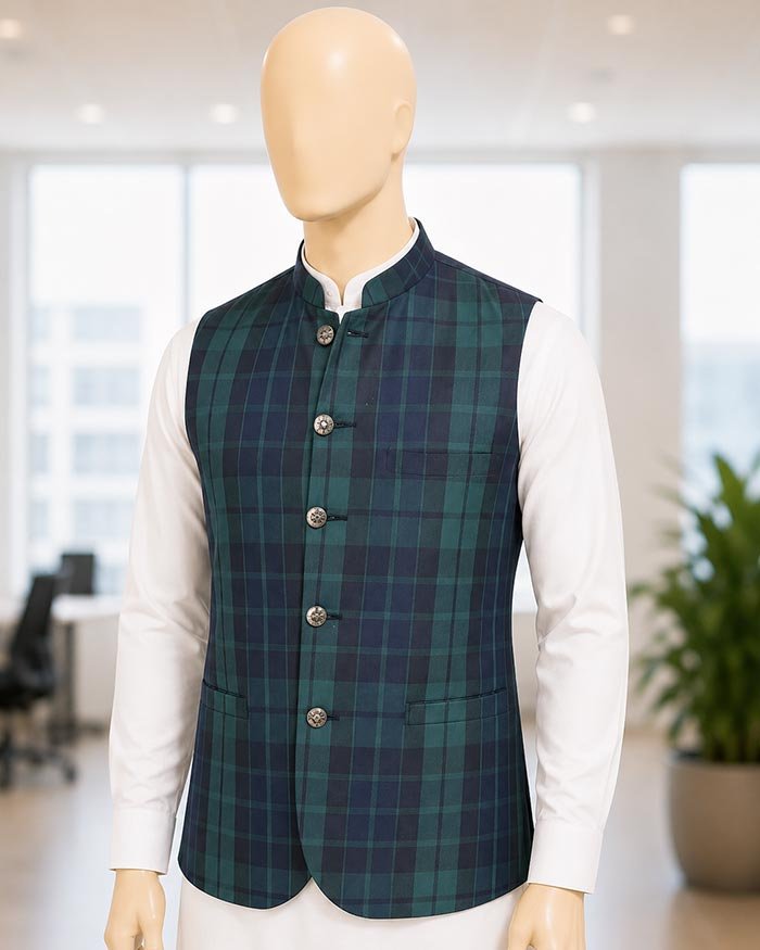 Green Black Check Waist Coat Closeup Picture