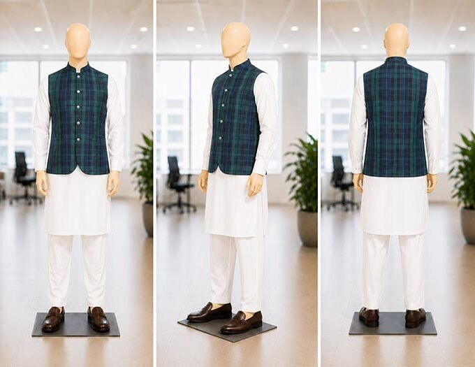 Green Black Check Waist Coat