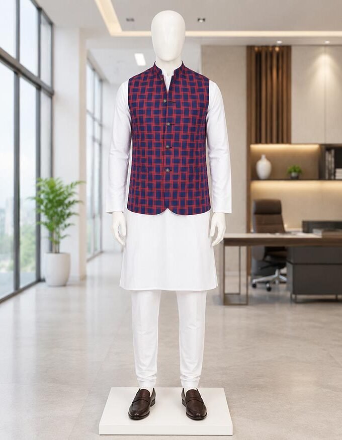 REd Blue Check Waist Coat Picture From Front