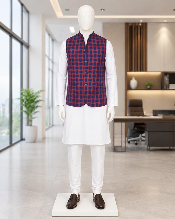 REd Blue Check Waist Coat Picture From Front