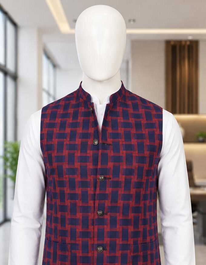 REd Blue Check Waist Coat