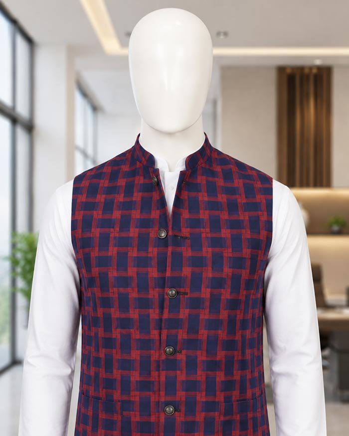 REd Blue Check Waist Coat Closeup Picture