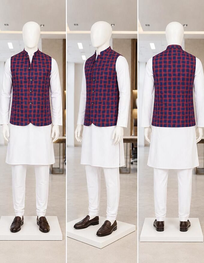 REd Blue Check Waist Coat