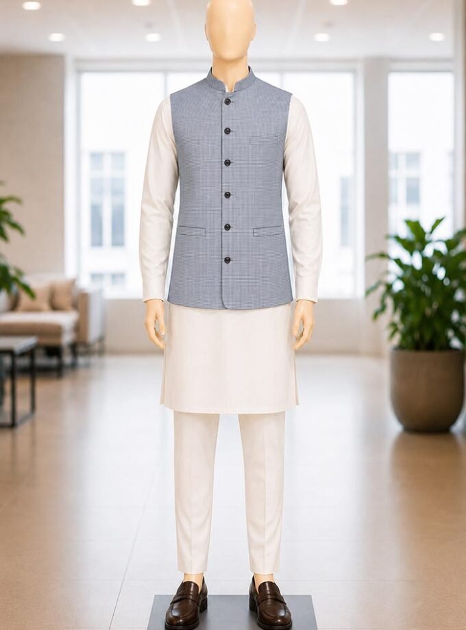 White Black Check Waist Coat Picture From Front