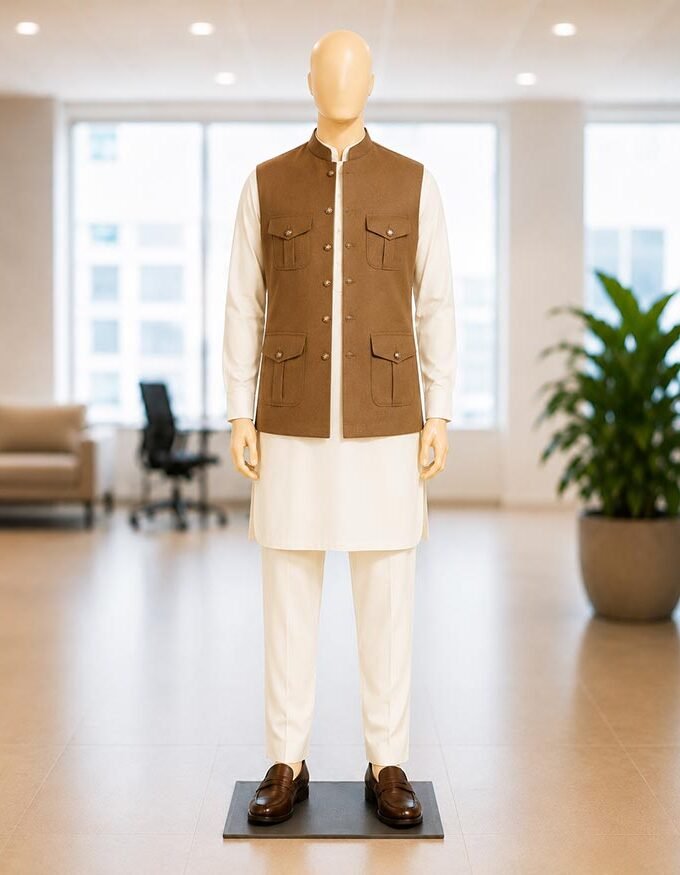 Pale Sky Grey Brown Waist Coat Picture From Front