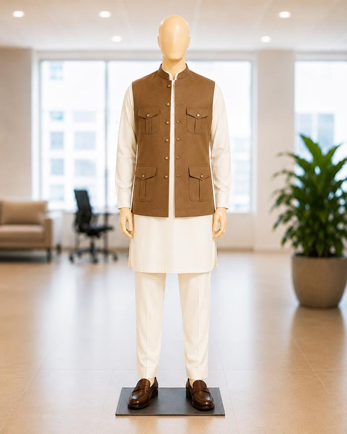 Pale Sky Grey Brown Waist Coat Picture From Front