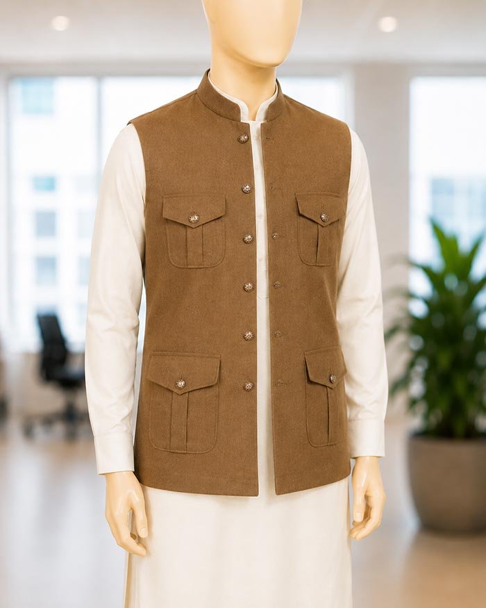 Pale Sky Grey Brown Waist Coat Closeup Picture