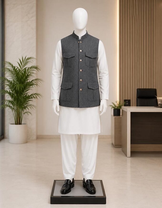 Pale Sky Grey Waist Coat Picture From Front